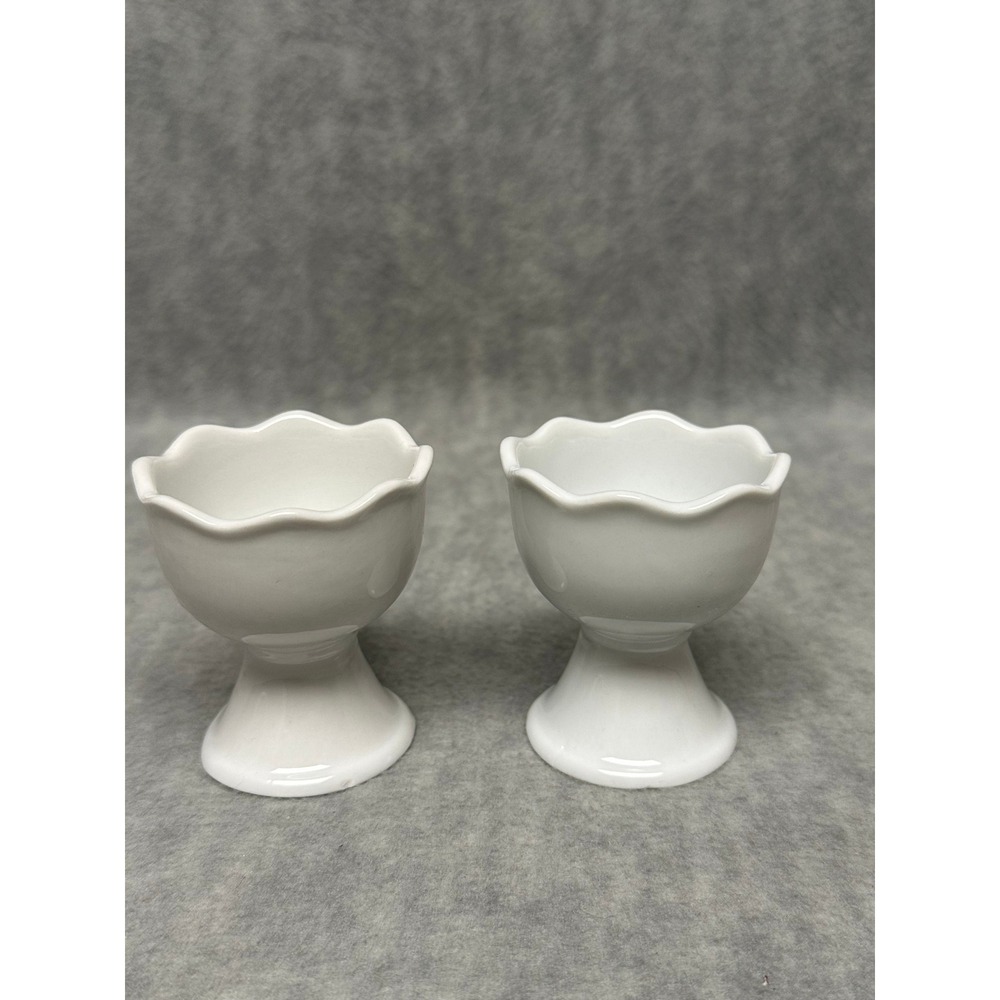 Pier 1 Egg Cup Set of 2 White Scalloped Ceramic Pedestal Pair
